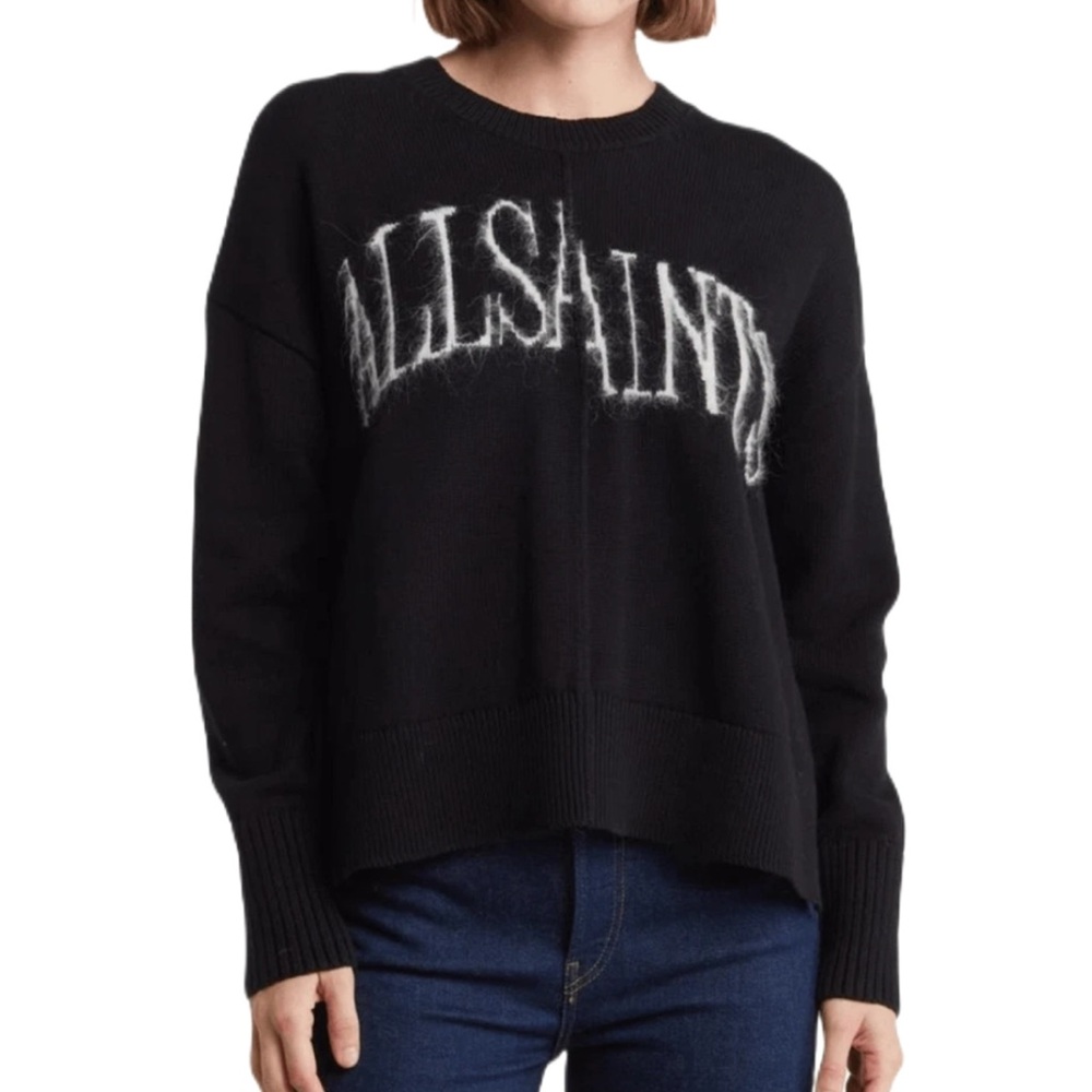 All Saints Logo Crewneck Pullover Sweater in Black, Size Small